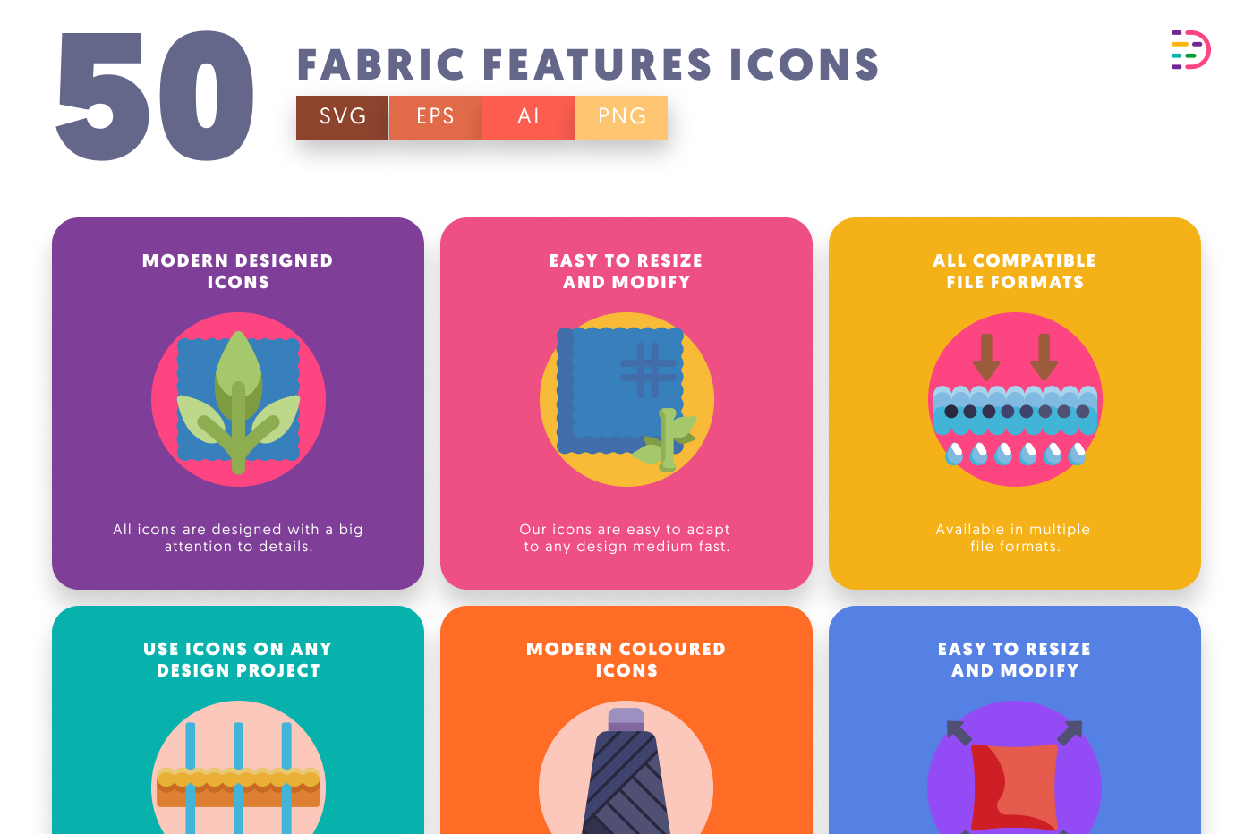 50 Fabric Features Icons preview 5 – flat circle icons in PNG, SVG and EPS