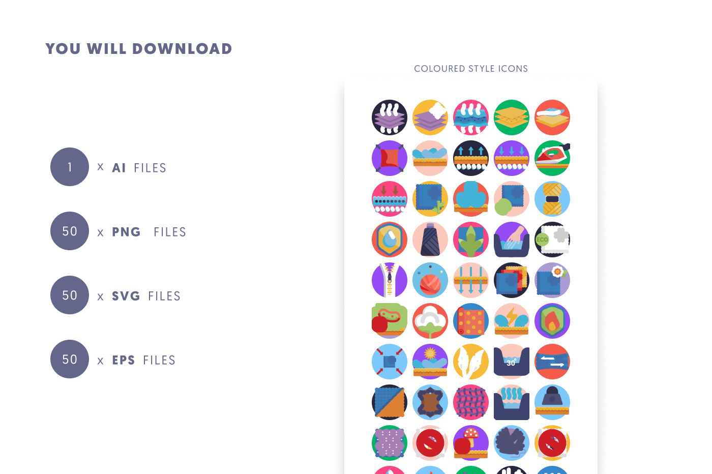50 Fabric Features Icons preview 9 – flat circle icons in PNG, SVG and EPS