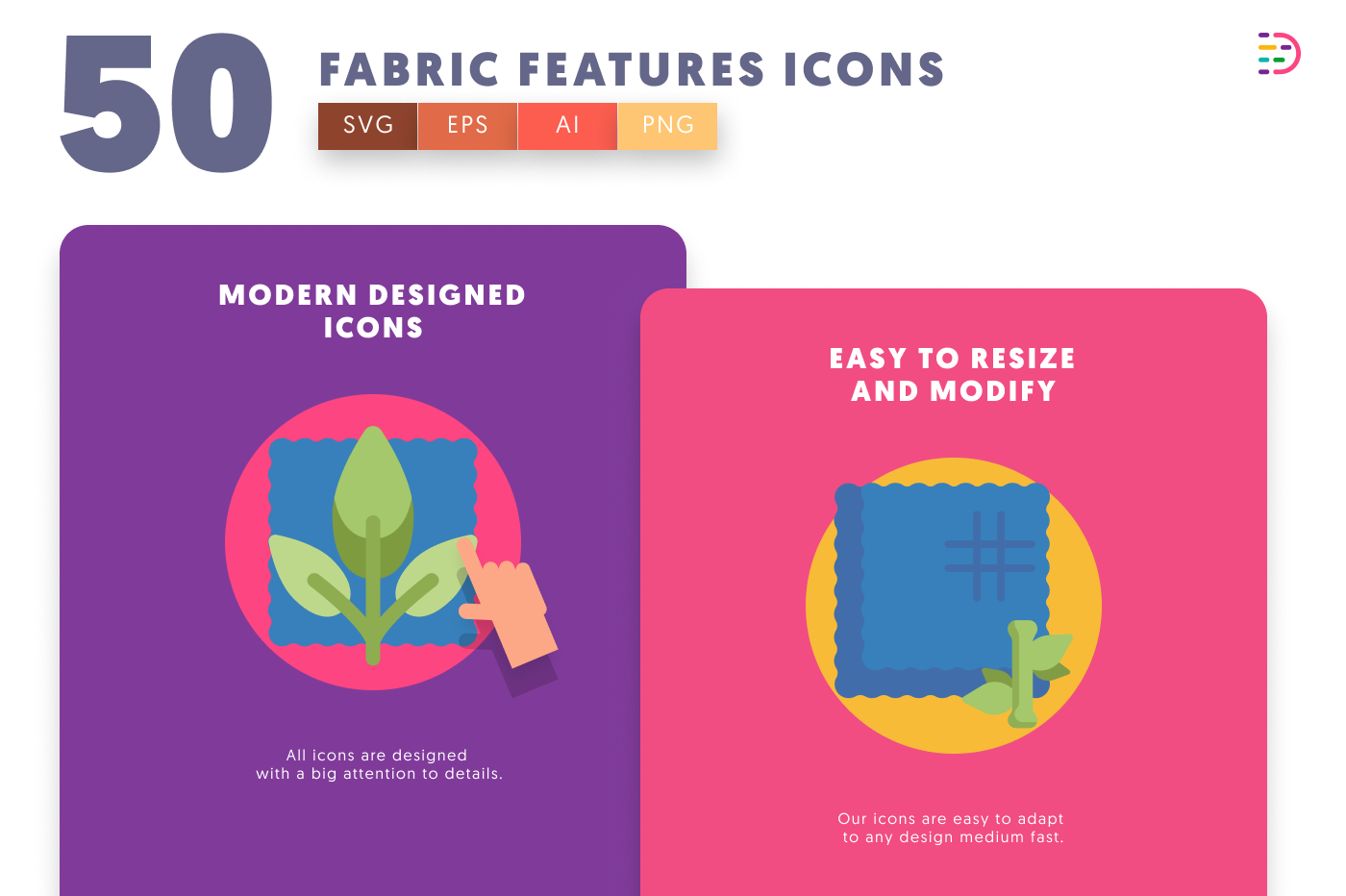 50 Fabric Features Icons cover – flat circle icons in PNG, SVG and EPS