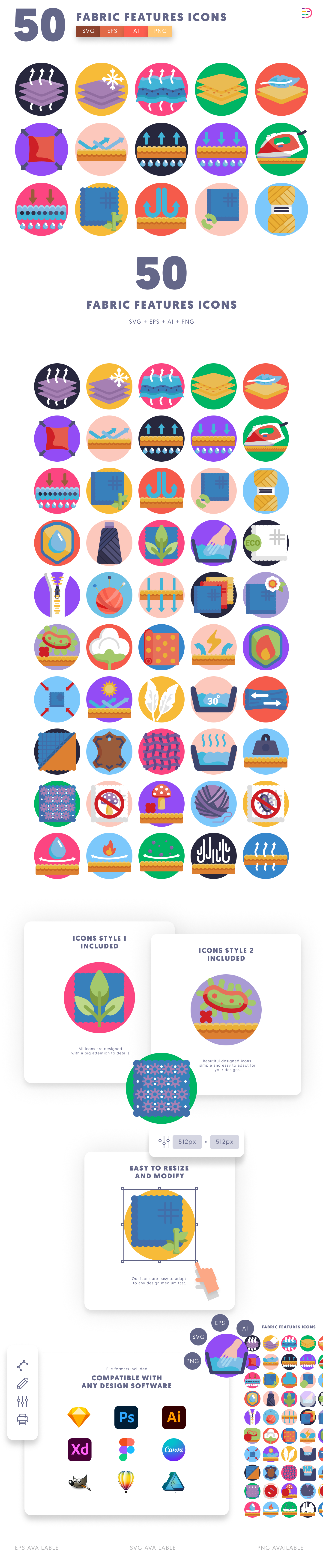 50 Fabric Features Icons cover – flat circle icons in PNG, SVG and EPS