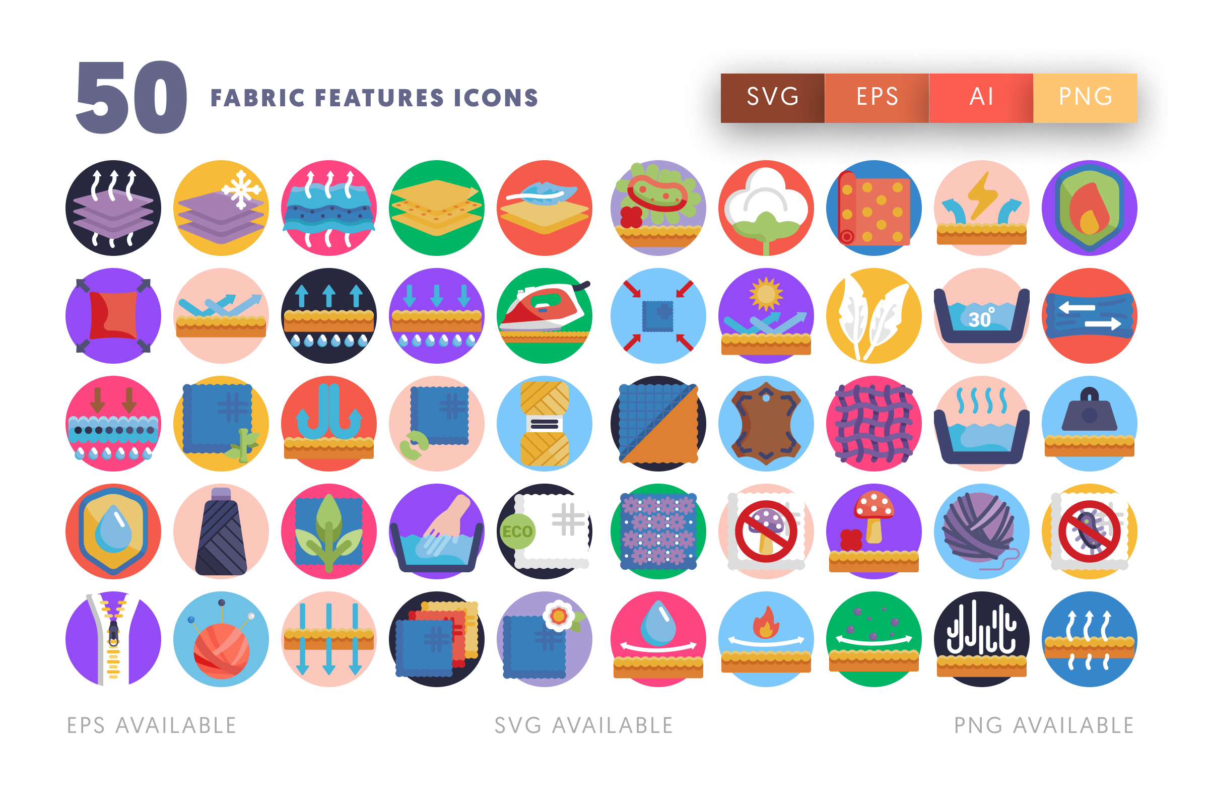 50 Fabric Features Icons – flat circle icon set