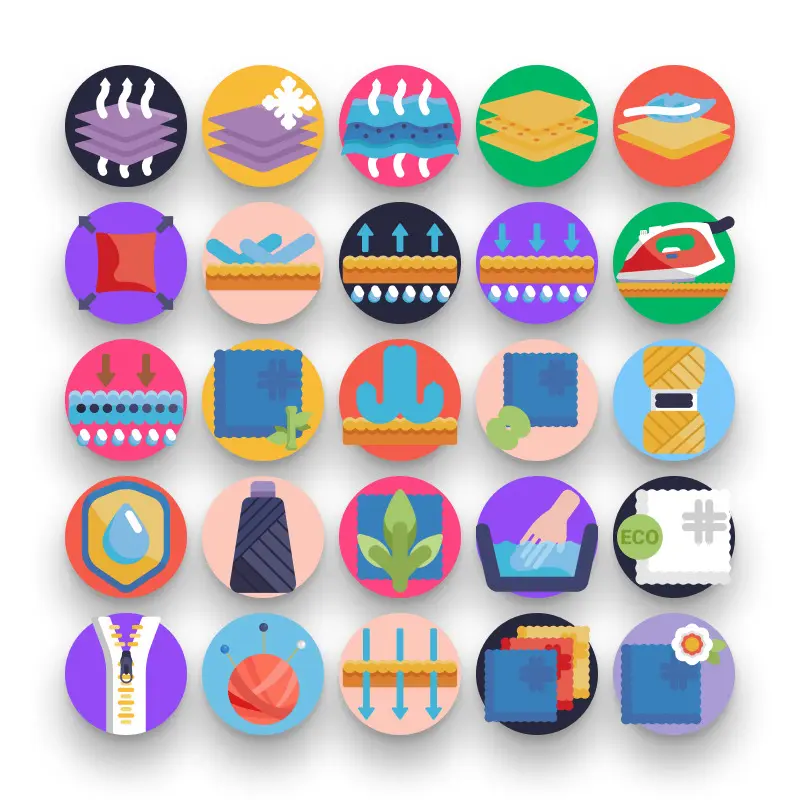 50 Fabric Features Icons – set of colorful flat circle icons