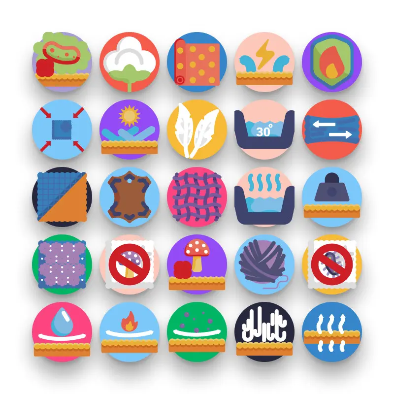 50 Fabric Features Icons – set of colorful flat circle icons