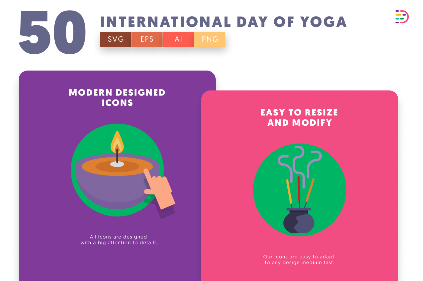 50 International Day of Yoga Icons cover – flat circle icons in PNG, SVG and EPS
