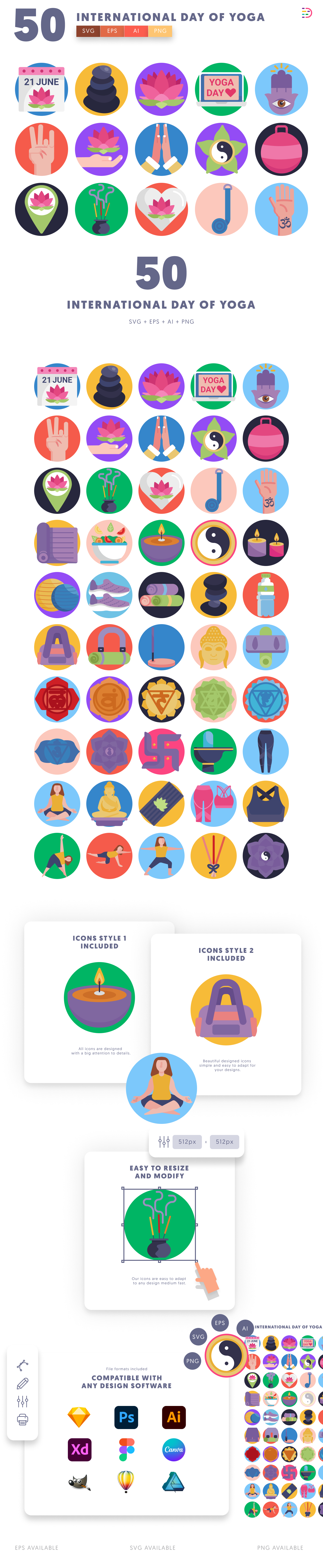 50 International Day of Yoga Icons cover – flat circle icons in PNG, SVG and EPS