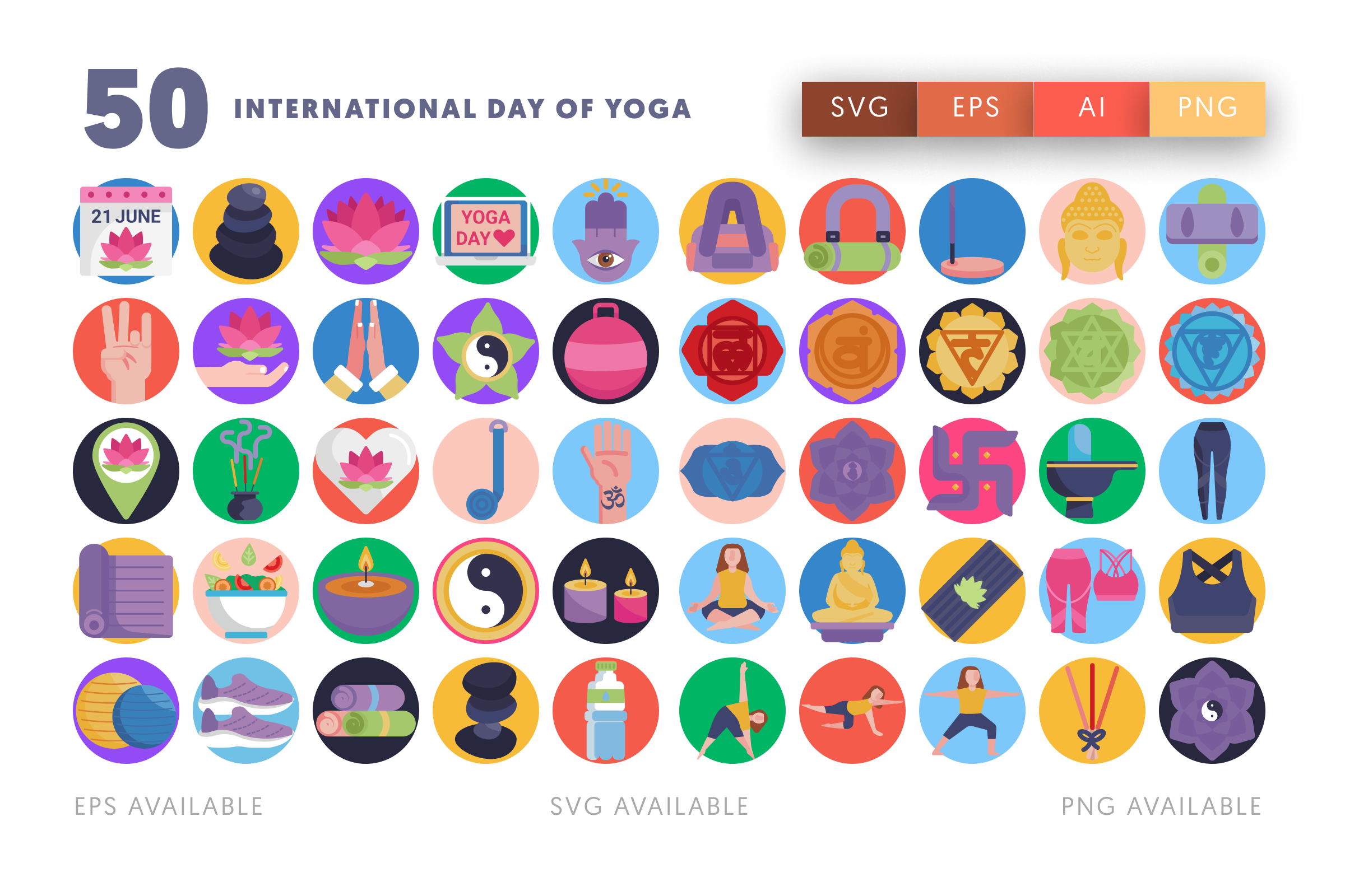 50 International Day of Yoga Icons – flat circle icon set