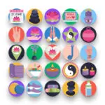 50 International Day of Yoga Icons – set of colorful flat circle icons