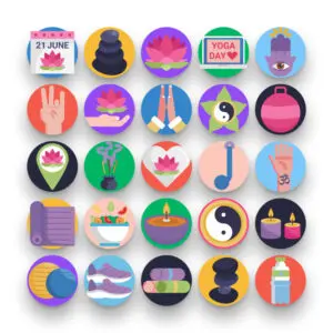 50 International Day of Yoga Icons – set of colorful flat circle icons