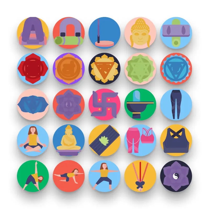 50 International Day of Yoga Icons – set of colorful flat circle icons