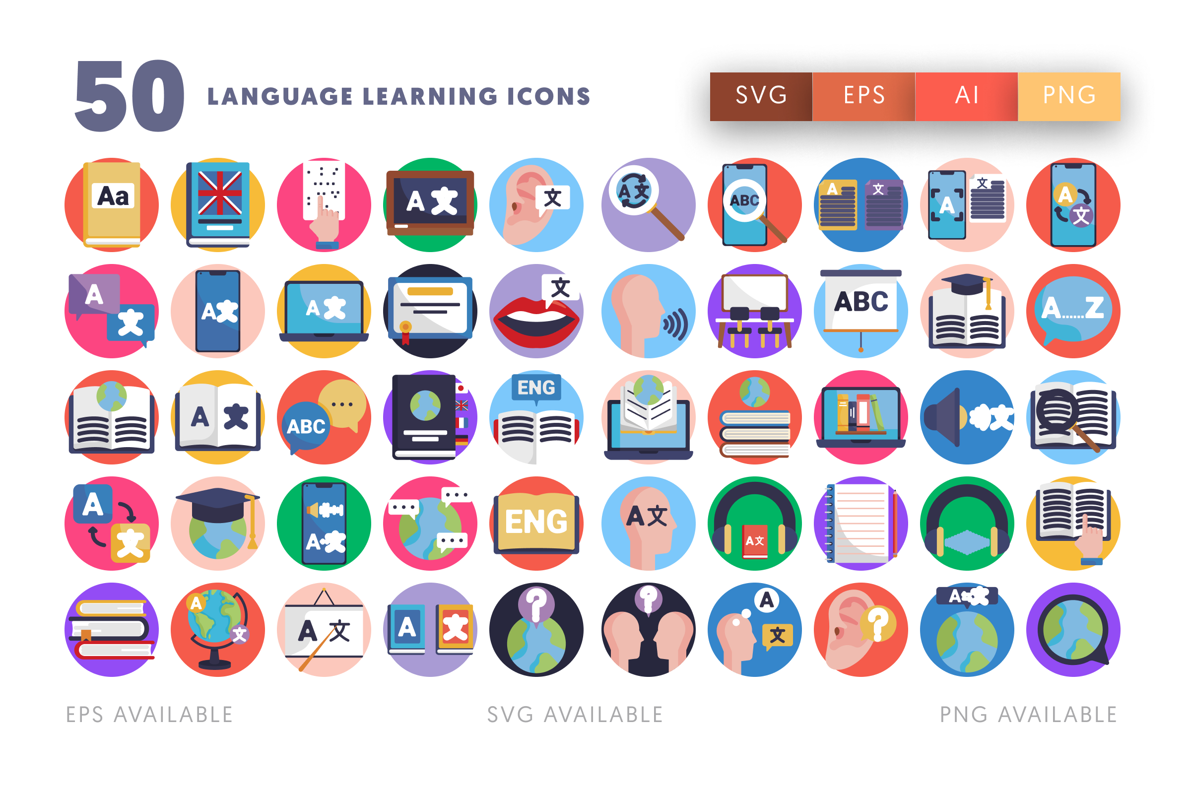 50 Language Learning Icons – flat circle icon set
