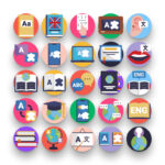 50 Language Learning Icons – set of colorful flat circle icons