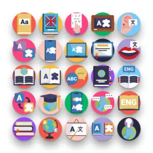 50 Language Learning Icons – set of colorful flat circle icons