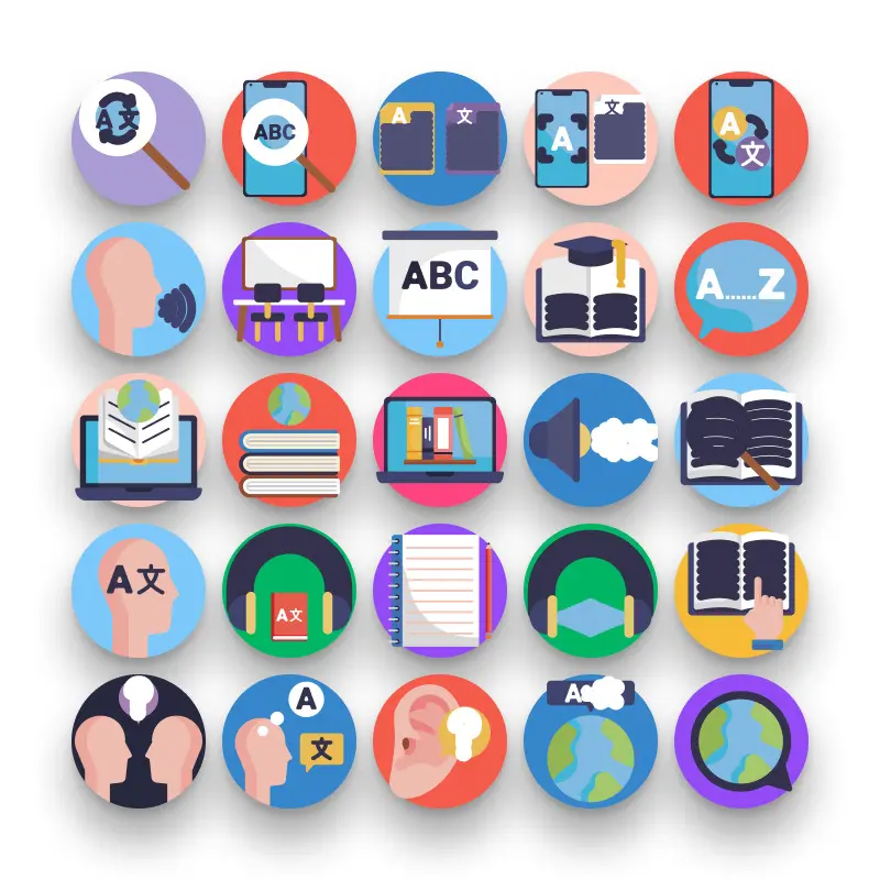 50 Language Learning Icons – set of colorful flat circle icons