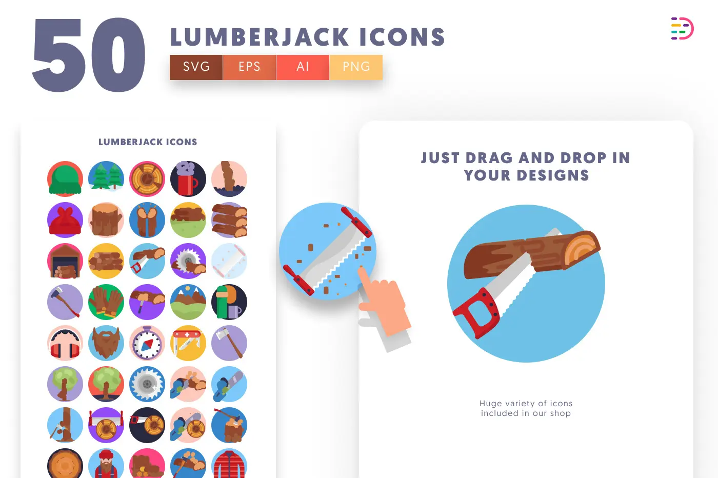 50 Lumberjack Icons preview 1 – flat circle icons in PNG, SVG and EPS