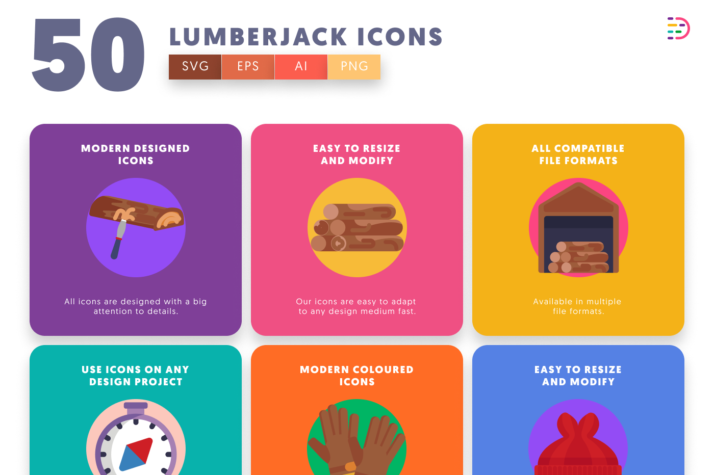 50 Lumberjack Icons preview 5 – flat circle icons in PNG, SVG and EPS