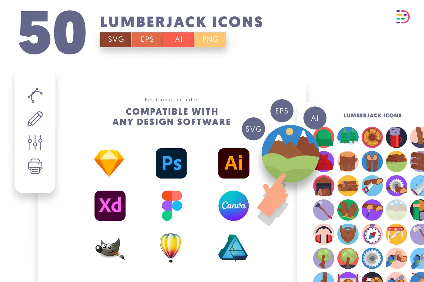50 Lumberjack Icons preview 8 – flat circle icons in PNG, SVG and EPS