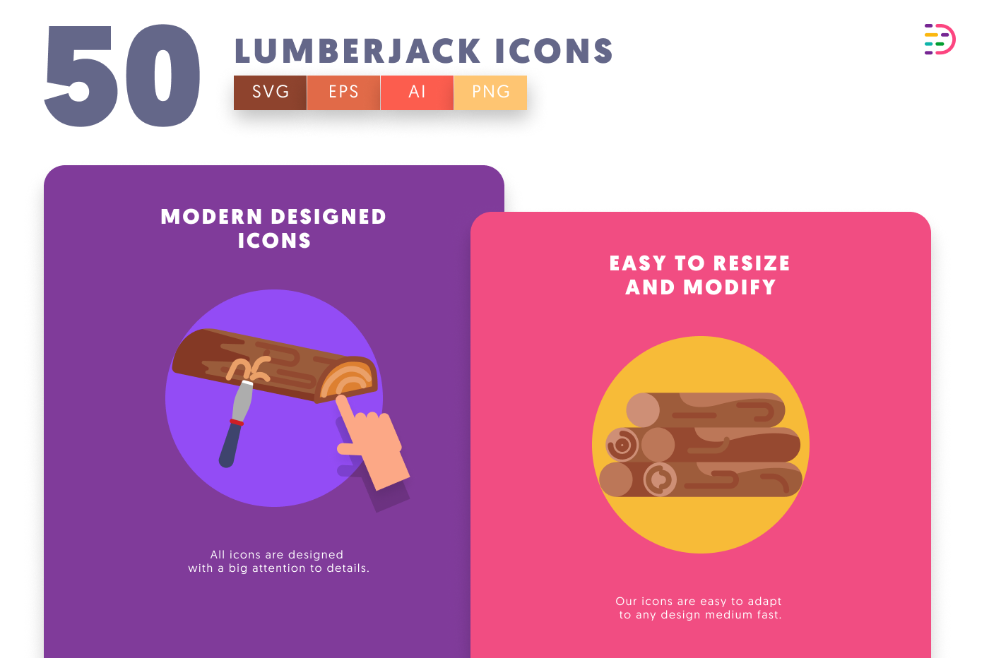 50 Lumberjack Icons cover – flat circle icons in PNG, SVG and EPS