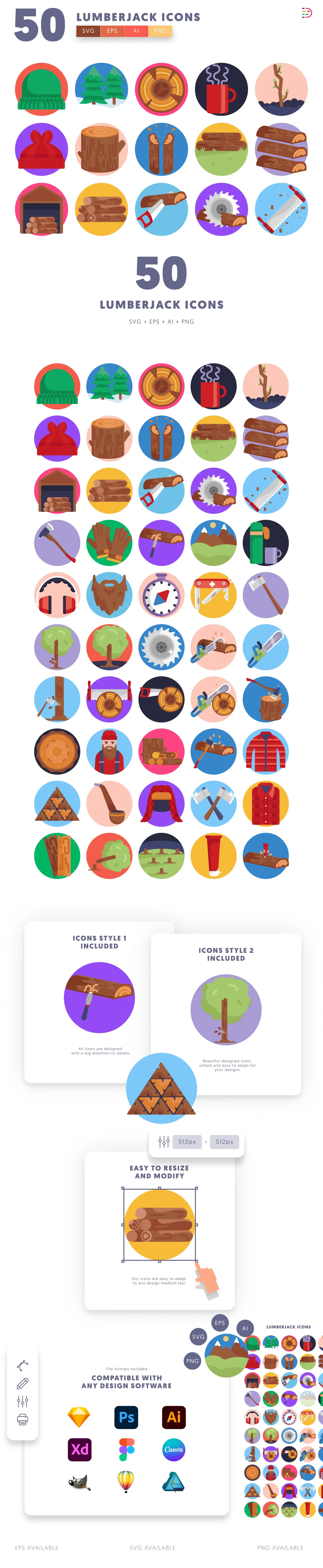 50 Lumberjack Icons cover – flat circle icons in PNG, SVG and EPS