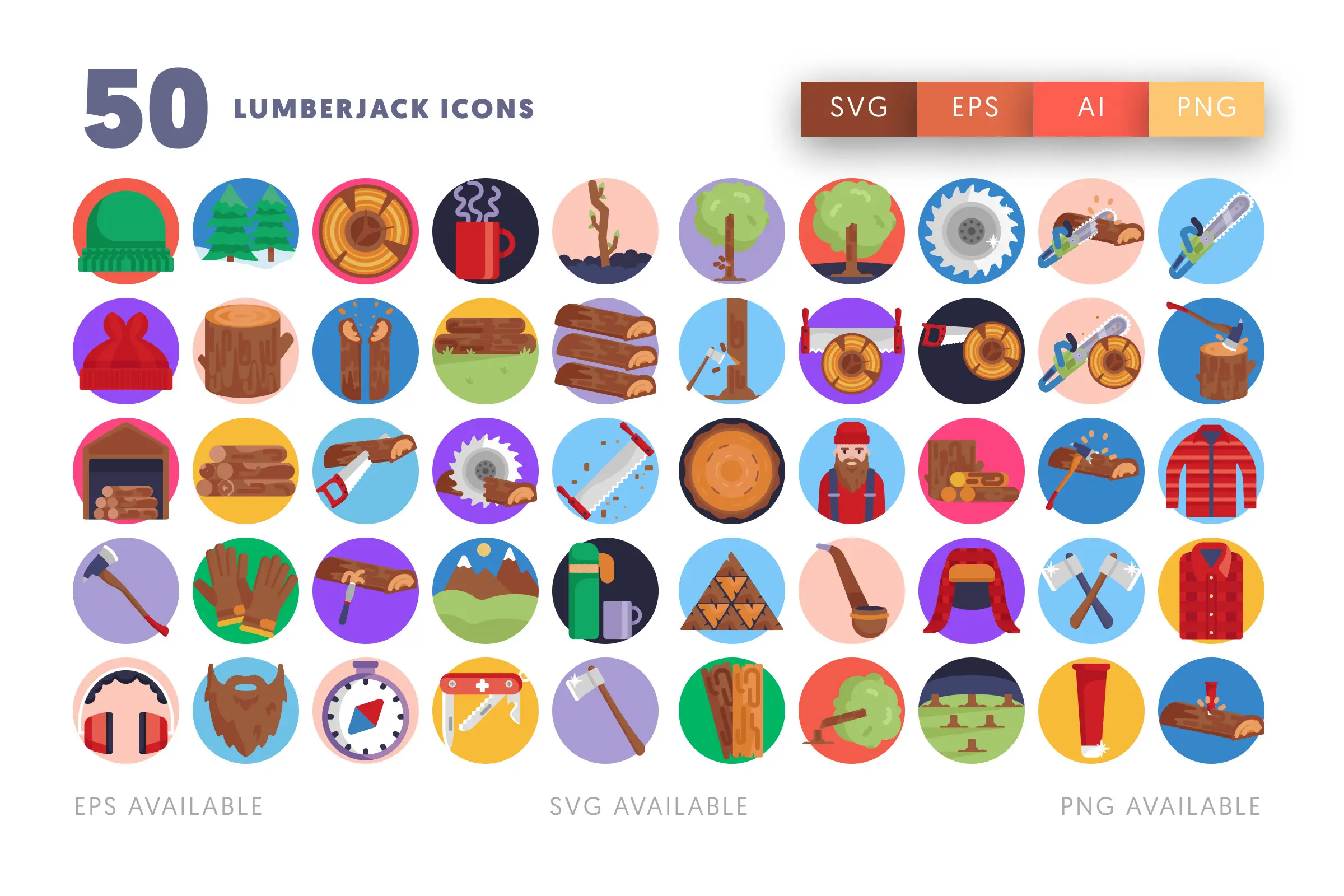 50 Lumberjack Icons – flat circle icon set