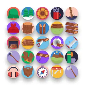 50 Lumberjack Icons – set of colorful flat circle icons