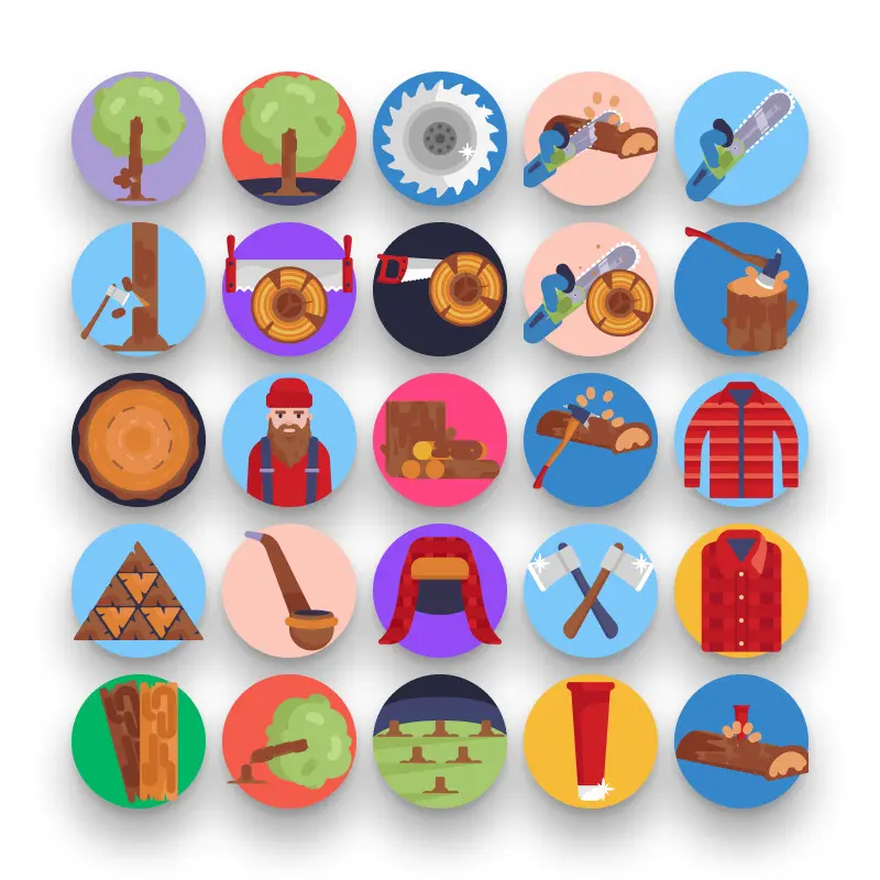 50 Lumberjack Icons – set of colorful flat circle icons