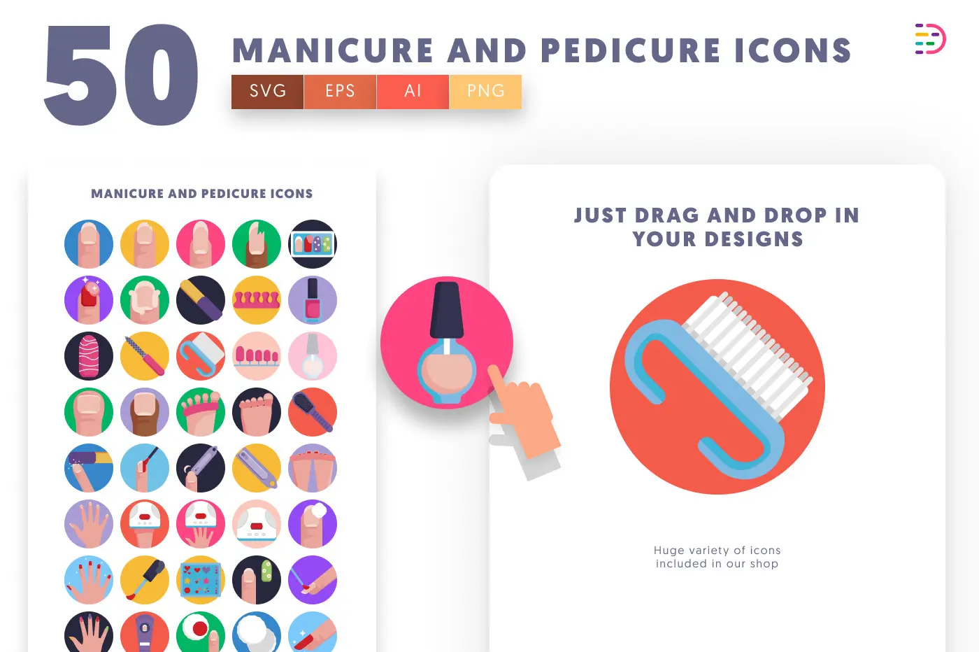50 Manicure and Pedicure Icons preview 1 – flat circle icons in PNG, SVG and EPS