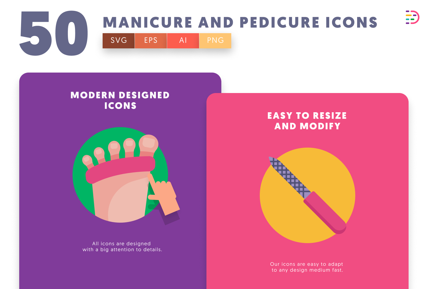 50 Manicure and Pedicure Icons cover – flat circle icons in PNG, SVG and EPS