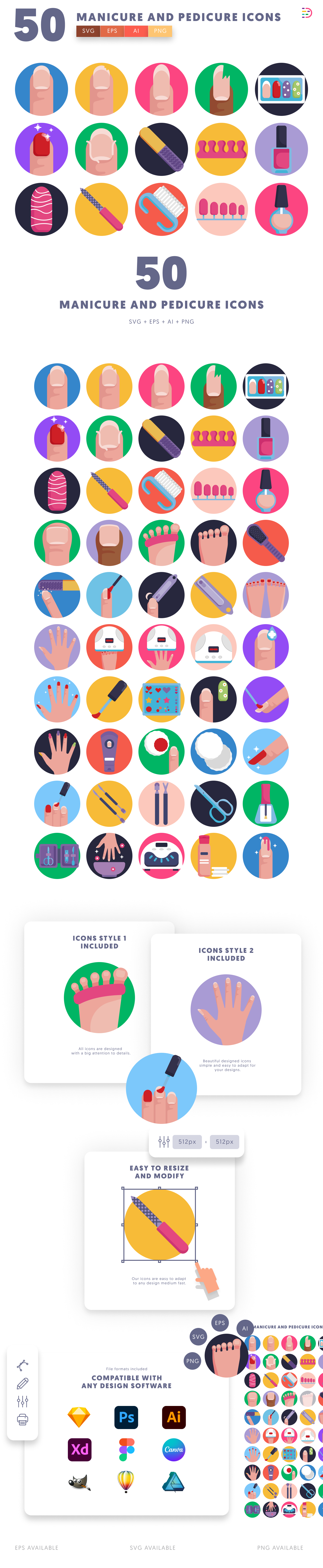 50 Manicure and Pedicure Icons cover – flat circle icons in PNG, SVG and EPS