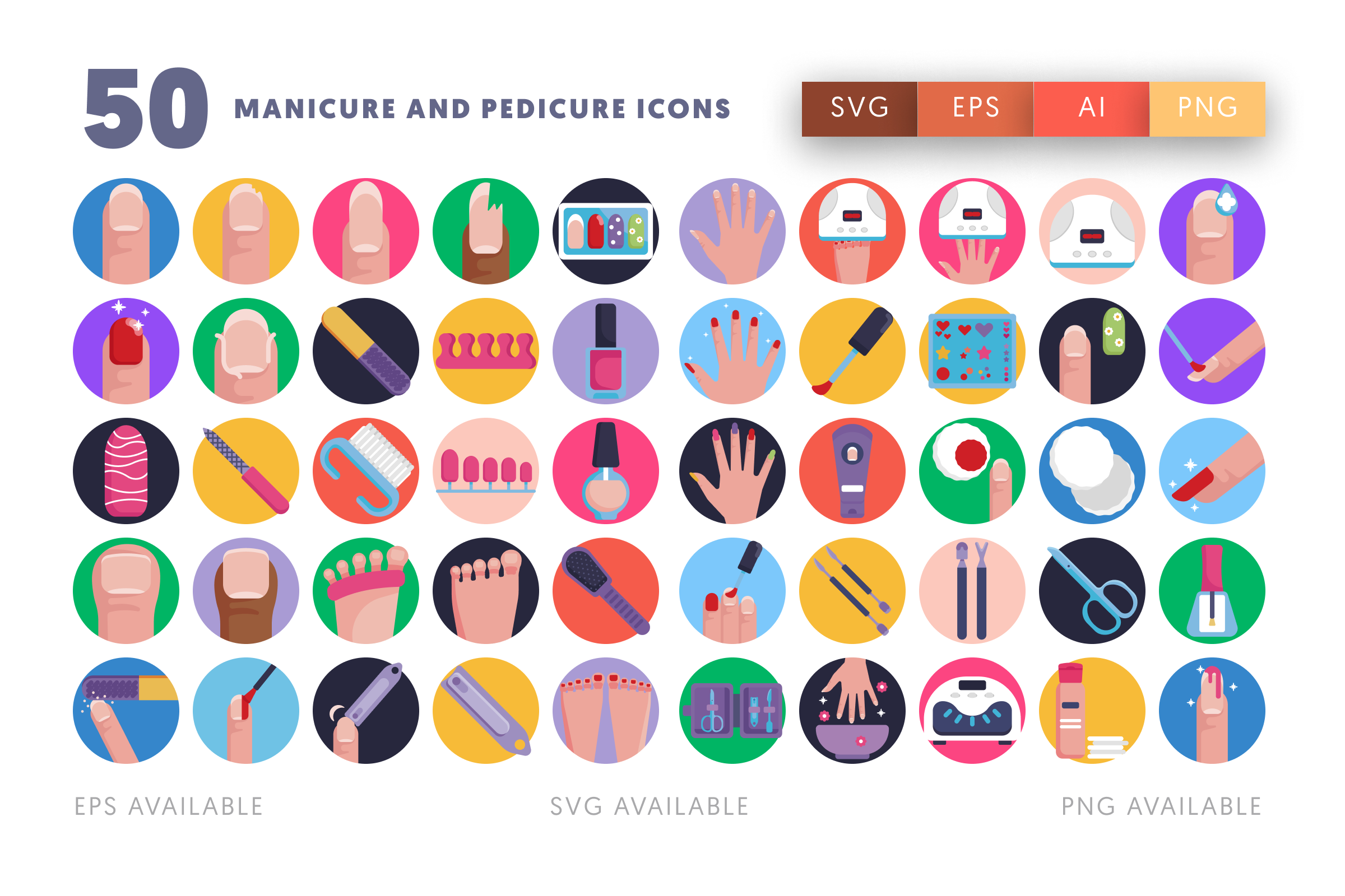 50 Manicure and Pedicure Icons – flat circle icon set