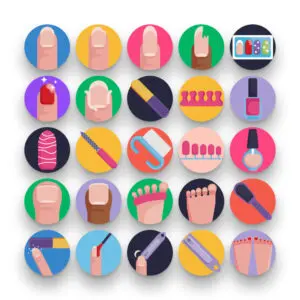 50 Manicure and Pedicure Icons – set of colorful flat circle icons
