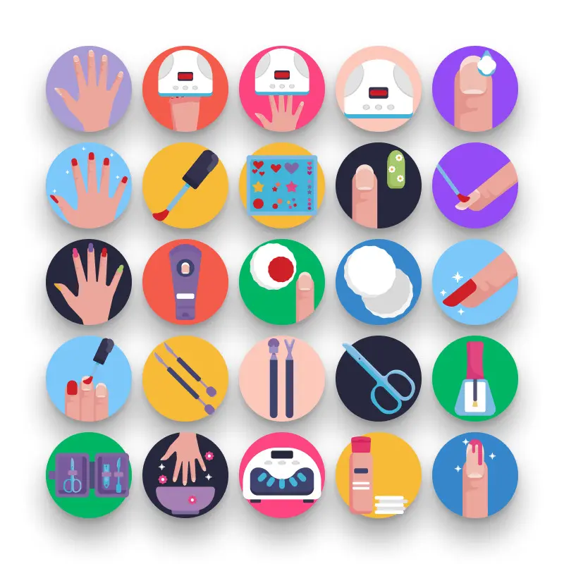 50 Manicure and Pedicure Icons – set of colorful flat circle icons
