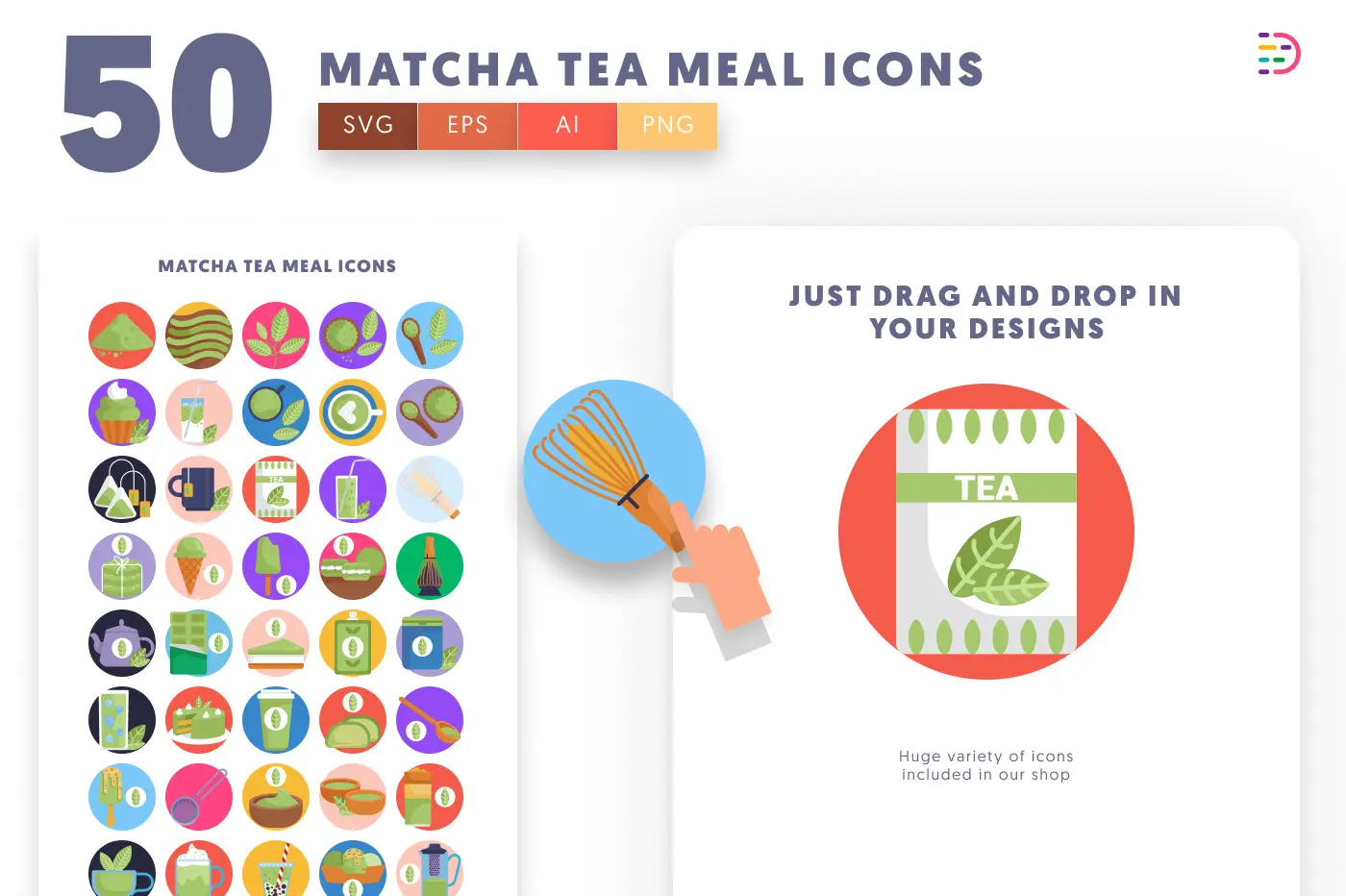 50 Matcha Tea Meal Icons preview 1 – flat circle icons in PNG, SVG and EPS