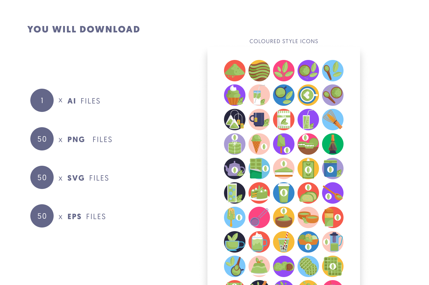 50 Matcha Tea Meal Icons preview 9 – flat circle icons in PNG, SVG and EPS