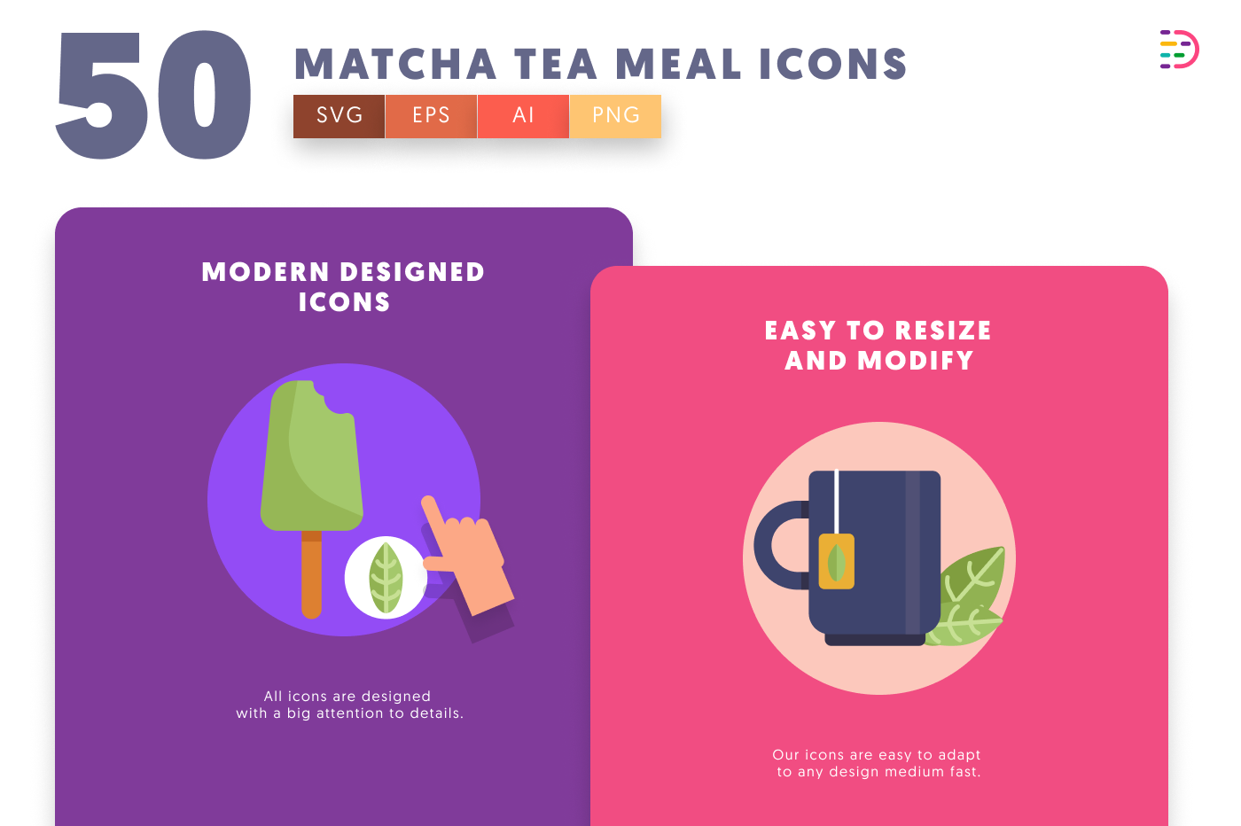 50 Matcha Tea Meal Icons cover – flat circle icons in PNG, SVG and EPS