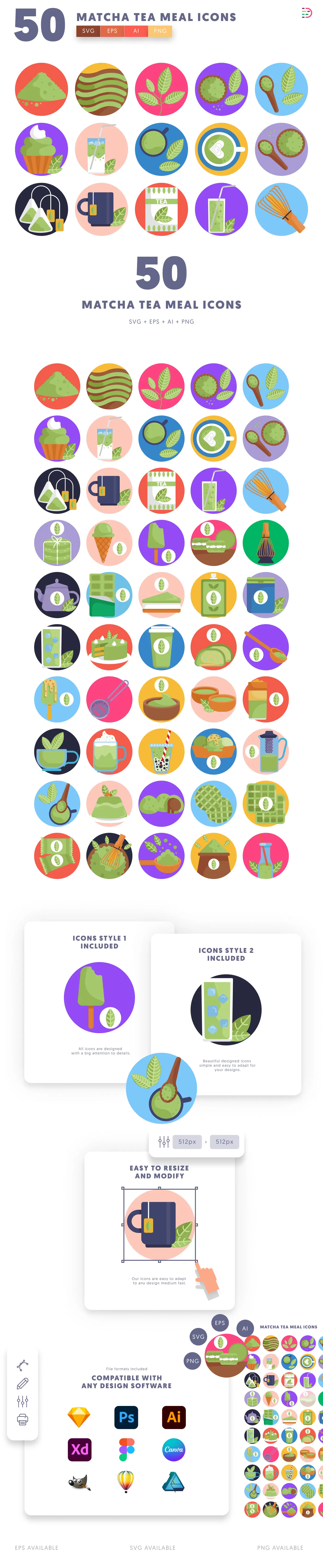 50 Matcha Tea Meal Icons cover – flat circle icons in PNG, SVG and EPS