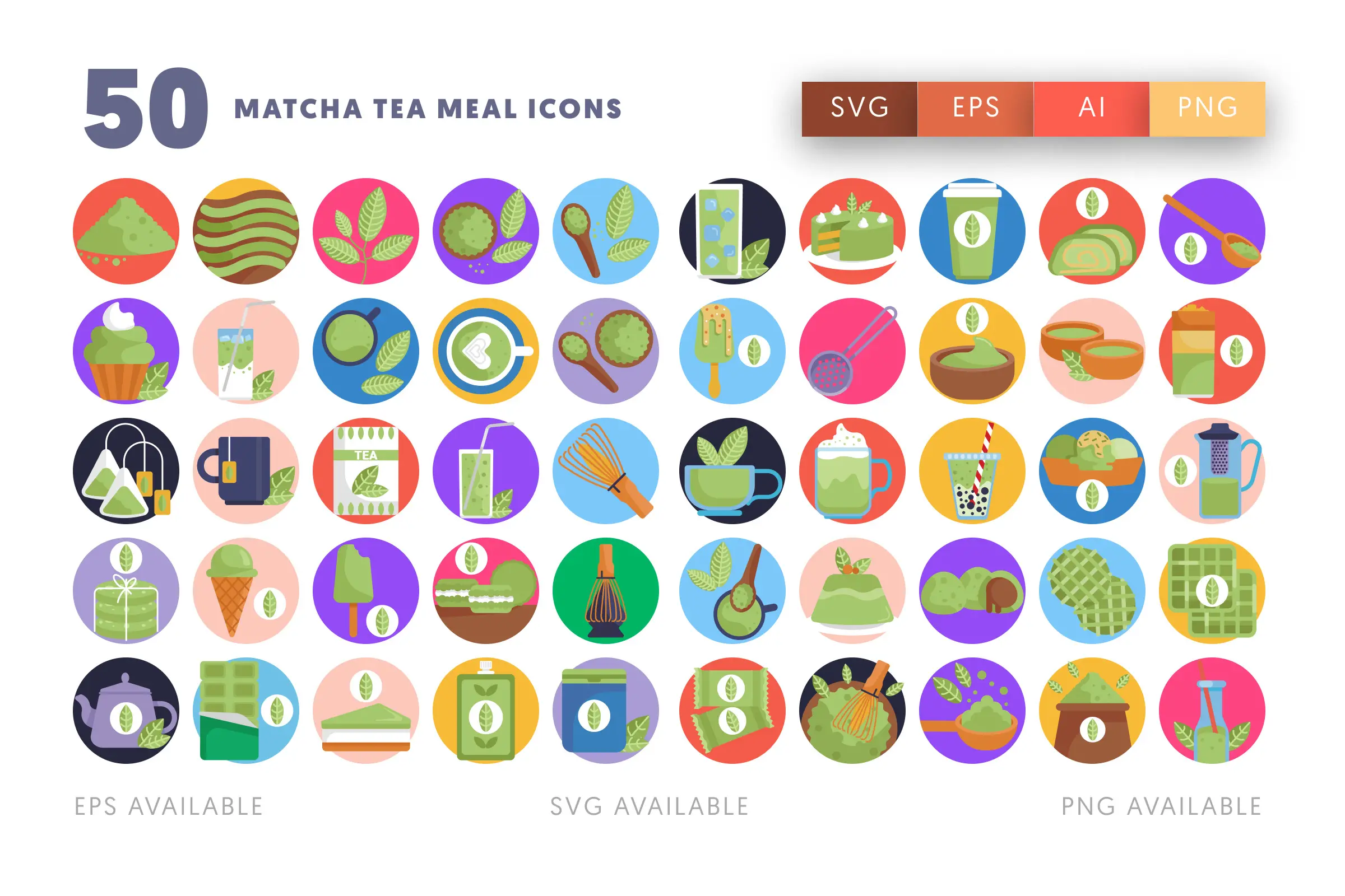 50 Matcha Tea Meal Icons – flat circle icon set