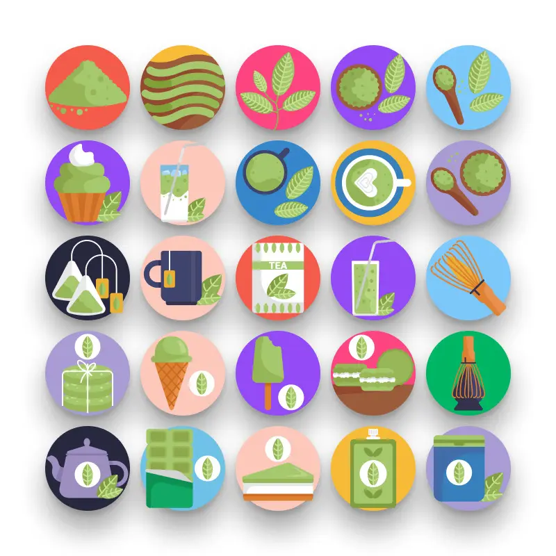 50 Matcha Tea Meal Icons – set of colorful flat circle icons