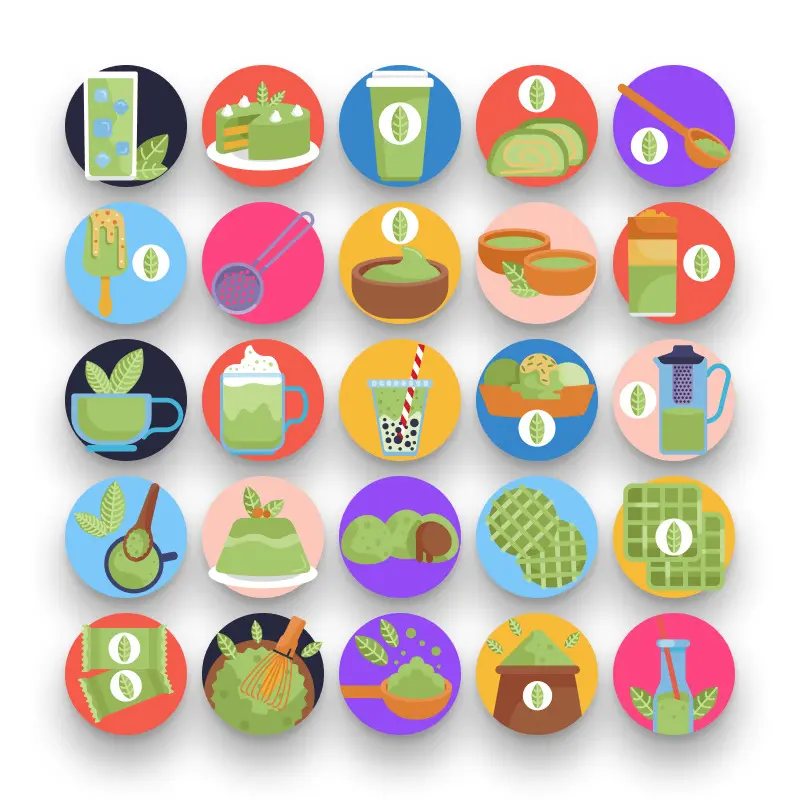 50 Matcha Tea Meal Icons – set of colorful flat circle icons