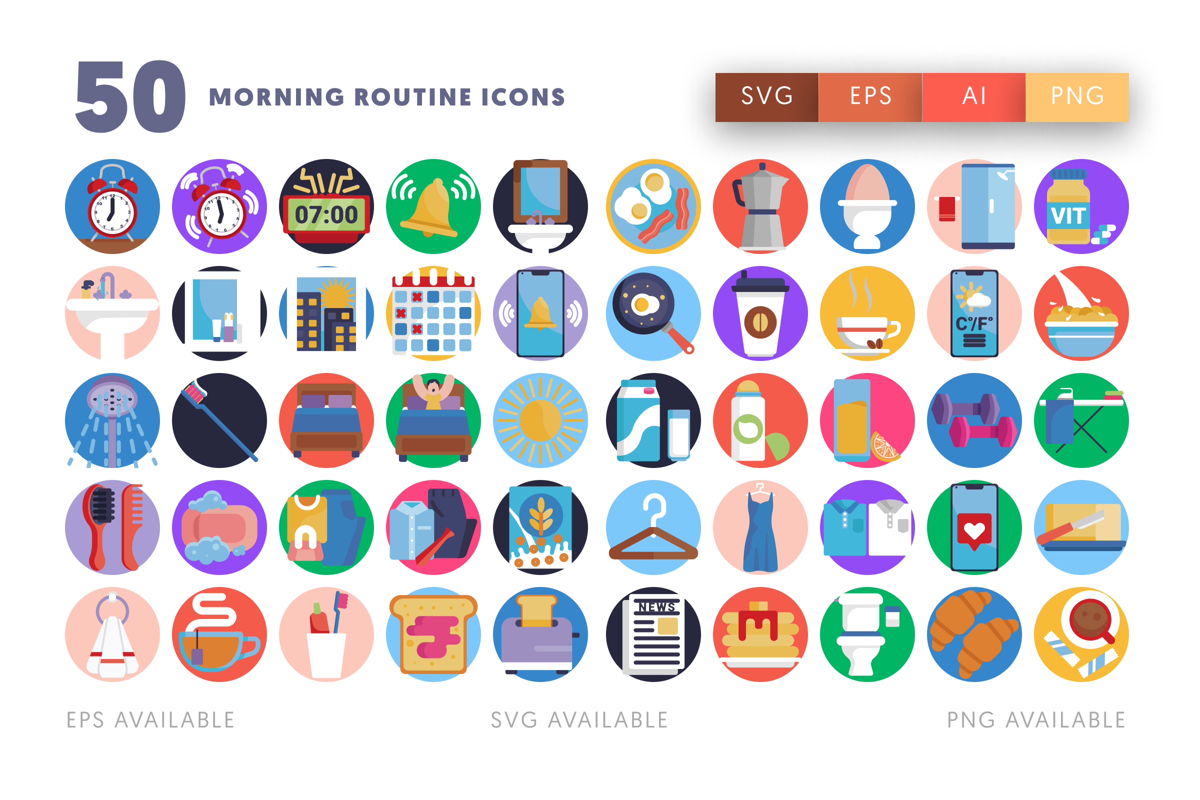 50 Morning Routine Icons – flat circle icon set
