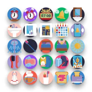 50 Morning Routine Icons – set of colorful flat circle icons