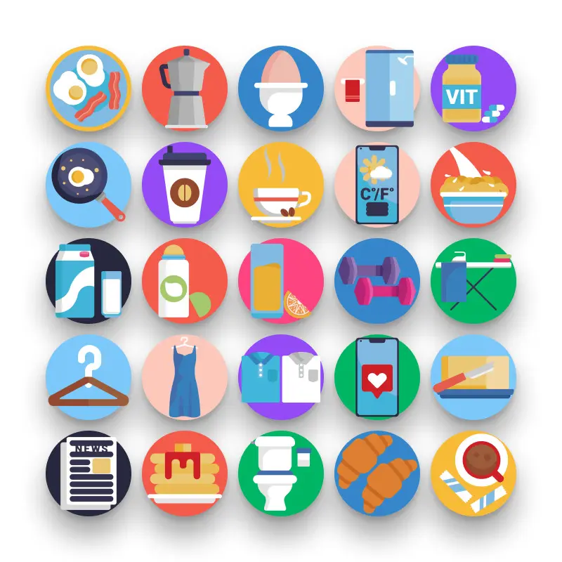 50 Morning Routine Icons – set of colorful flat circle icons
