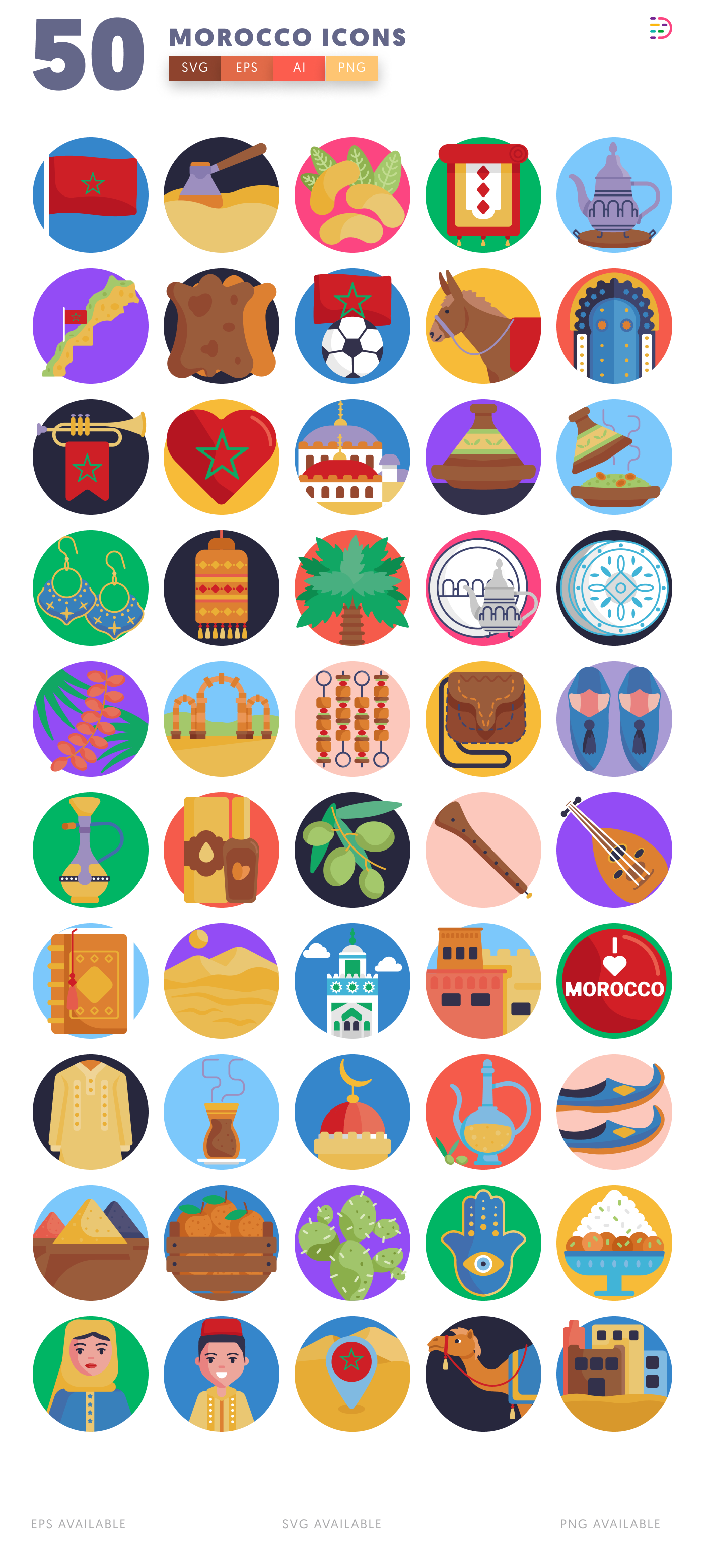 50 Morocco Icons – set of colorful flat circle icons