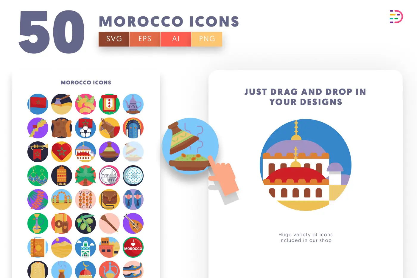 50 Morocco Icons – set of colorful flat circle icons