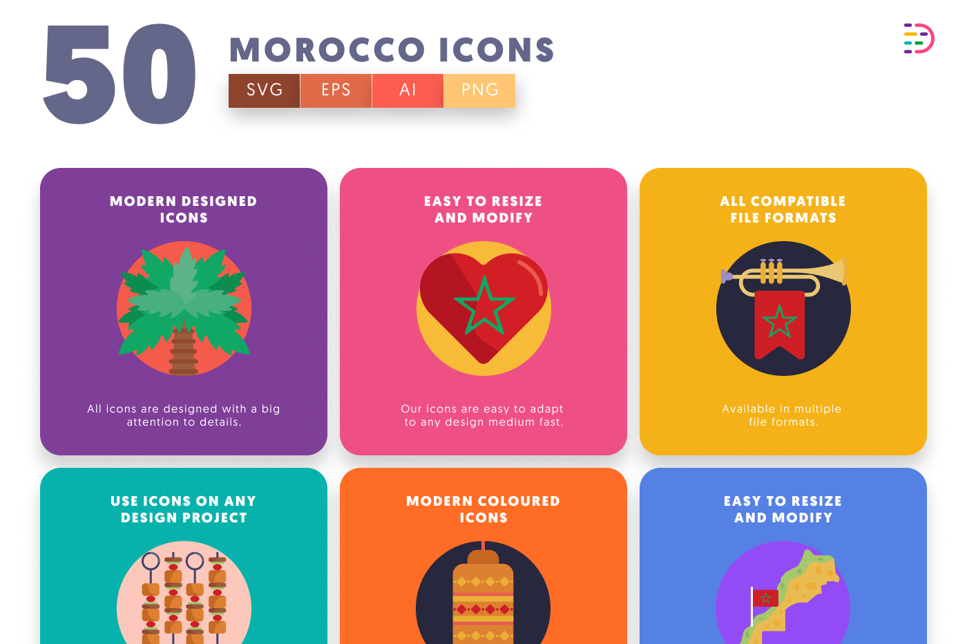 50 Morocco Icons – set of colorful flat circle icons