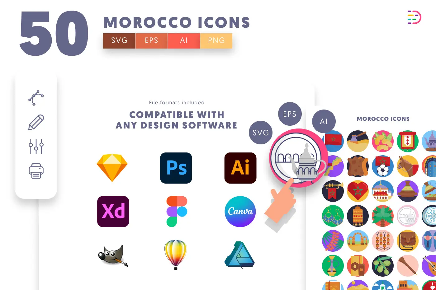 50 Morocco Icons – set of colorful flat circle icons