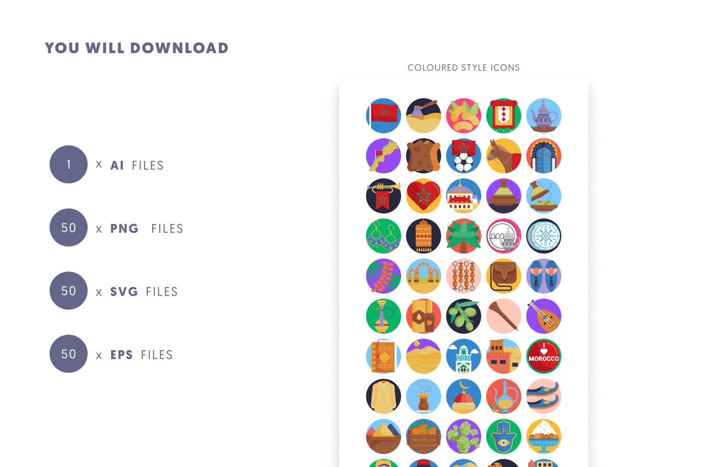 50 Morocco Icons – set of colorful flat circle icons