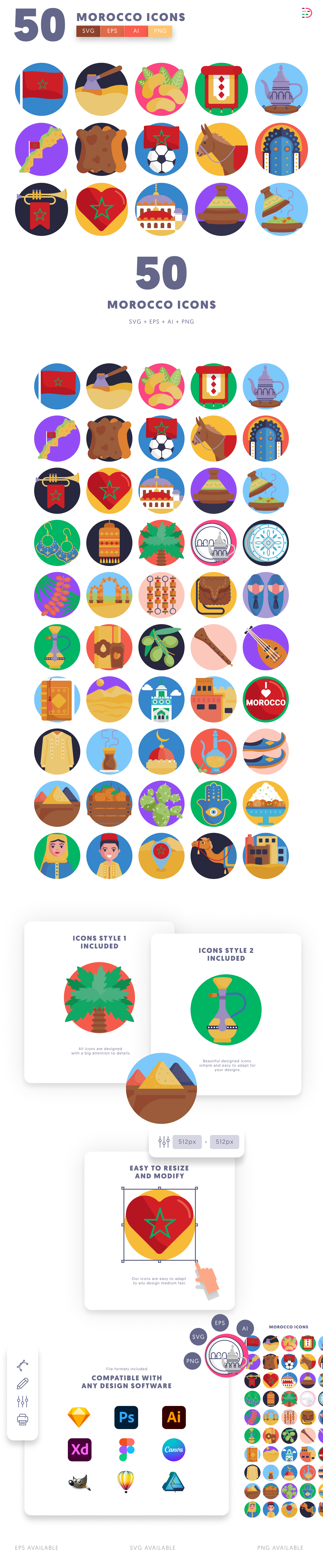 50 Morocco Icons – set of colorful flat circle icons