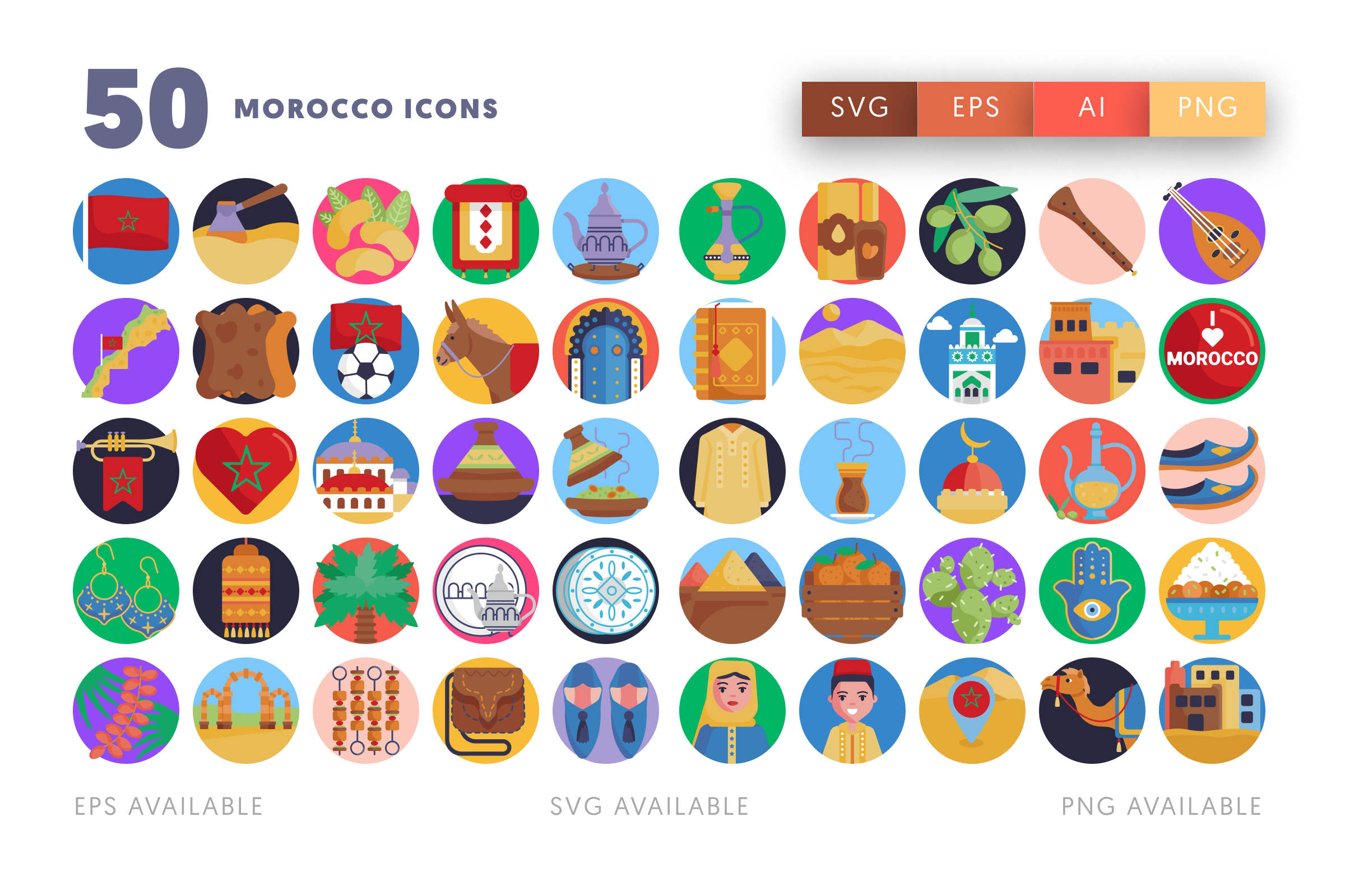 50 Morocco Icons – flat circle icon set