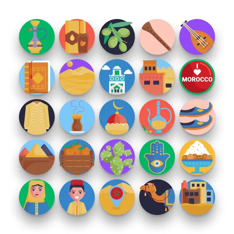 50 Morocco Icons – set of colorful flat circle icons