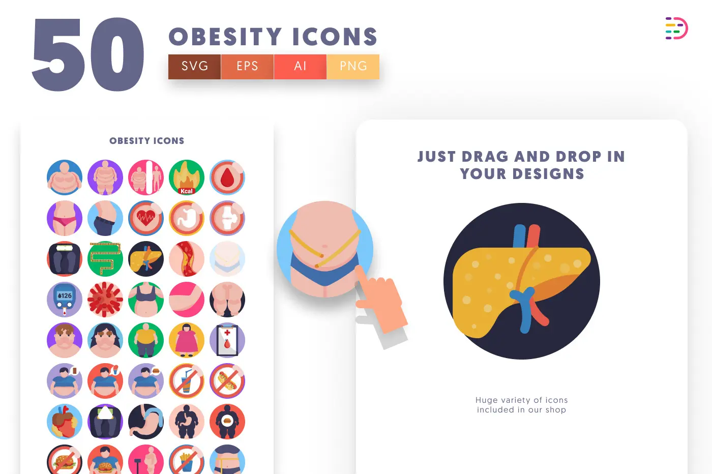 50 Obesity Icons preview 1 – flat circle icons in PNG, SVG and EPS